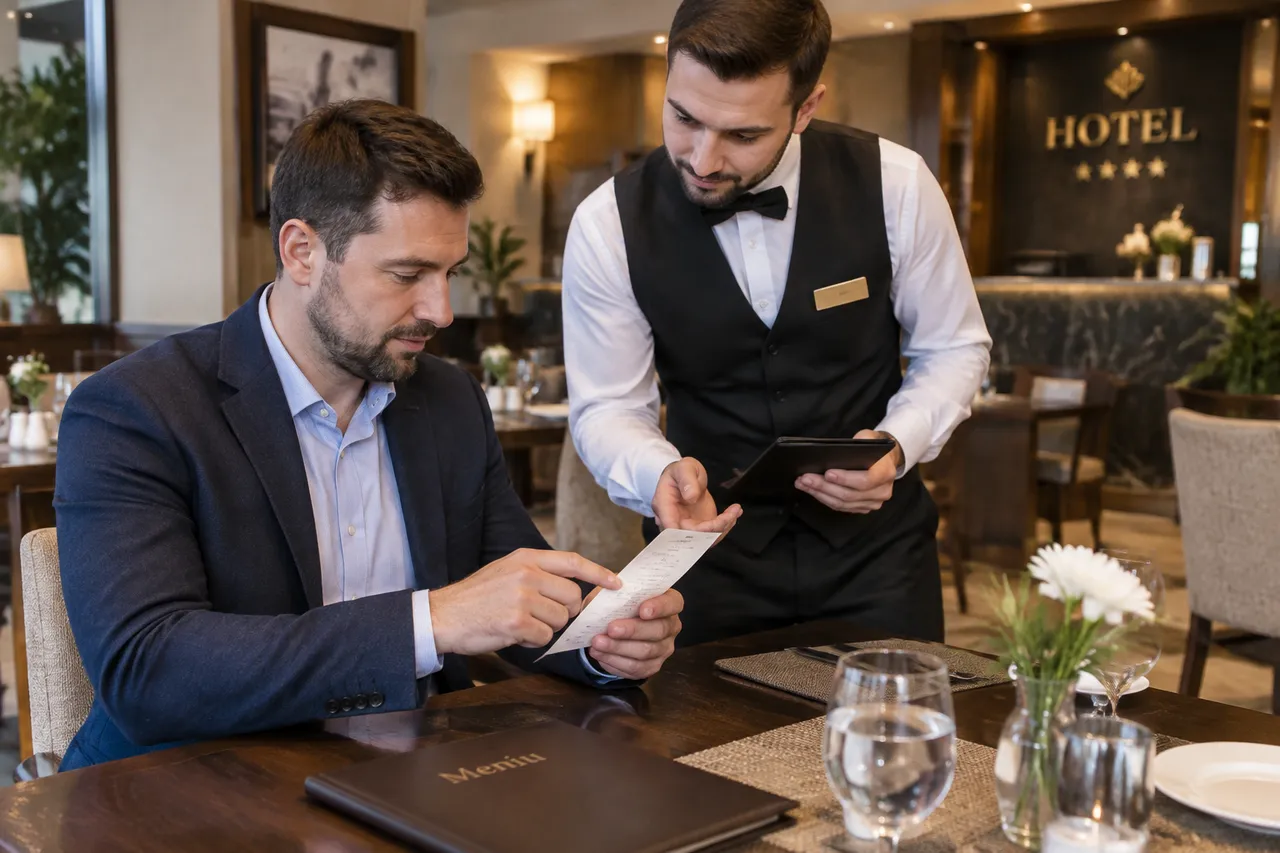 verificare bon fiscal și nota restaurantului hotelului